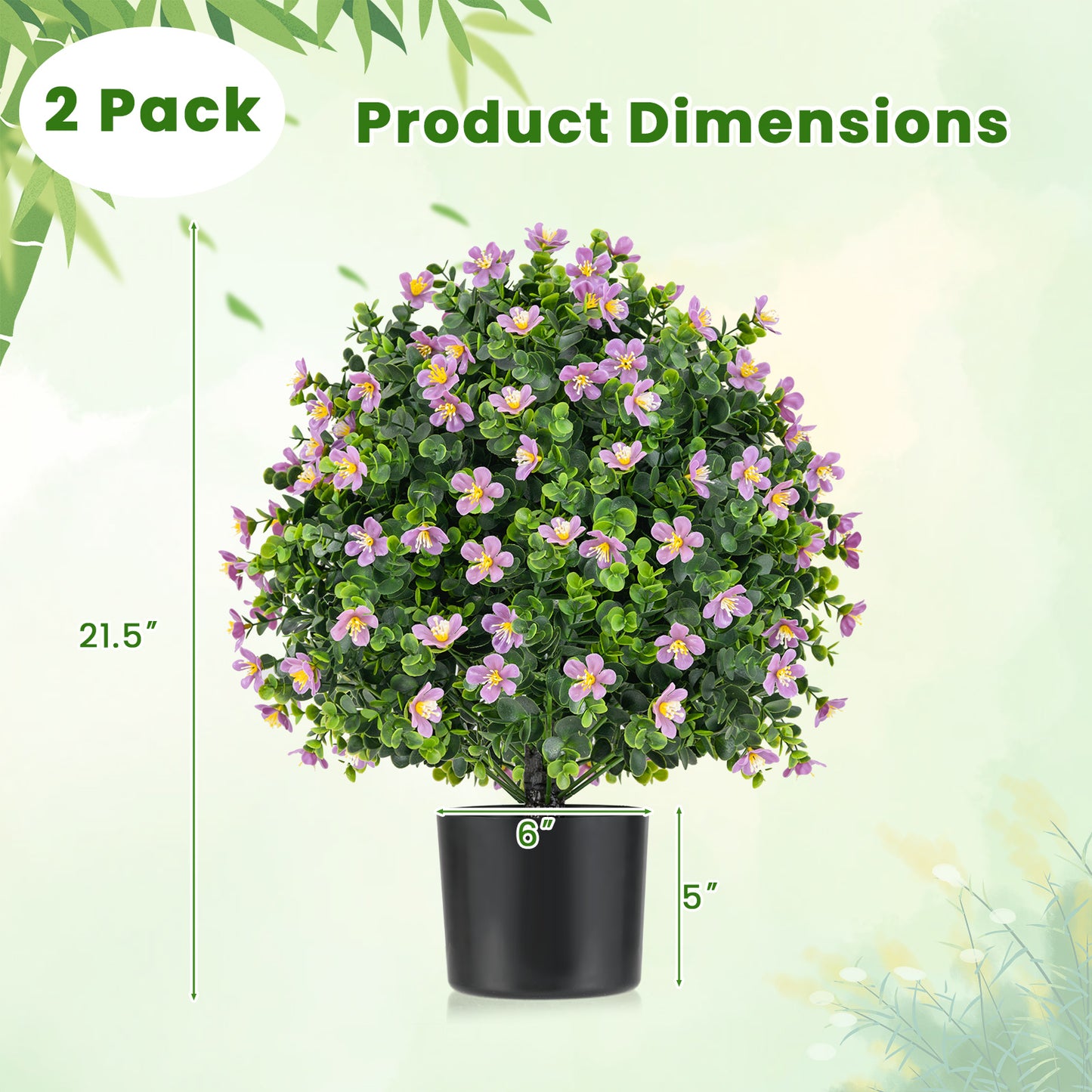 Set of 2 Artificial Boxwood Topiary Ball Trees with Vibrant Flowers – Faux Shrubs for Indoor & Outdoor Décor