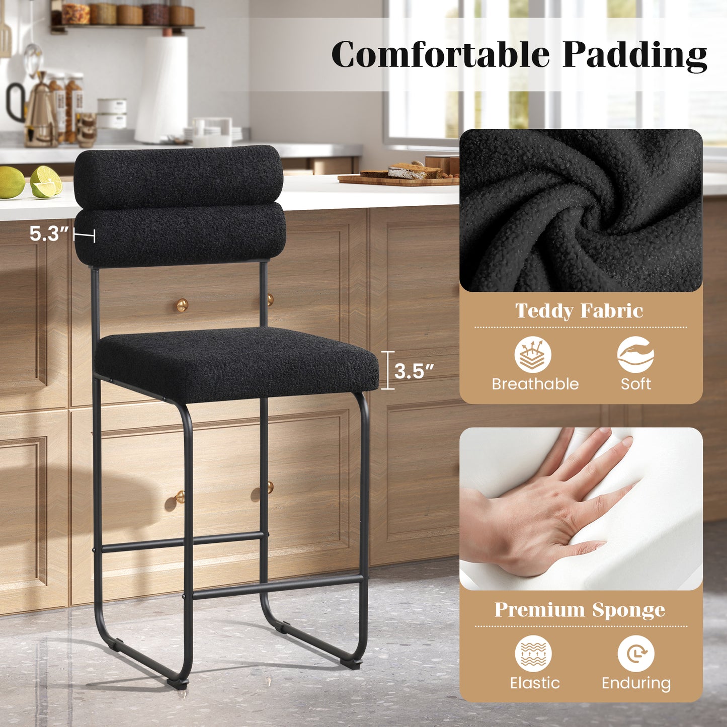 Counter Height Bar Stools Set of 2 with Metal Frame and Comfortable Footrest – 26 Inch, Black