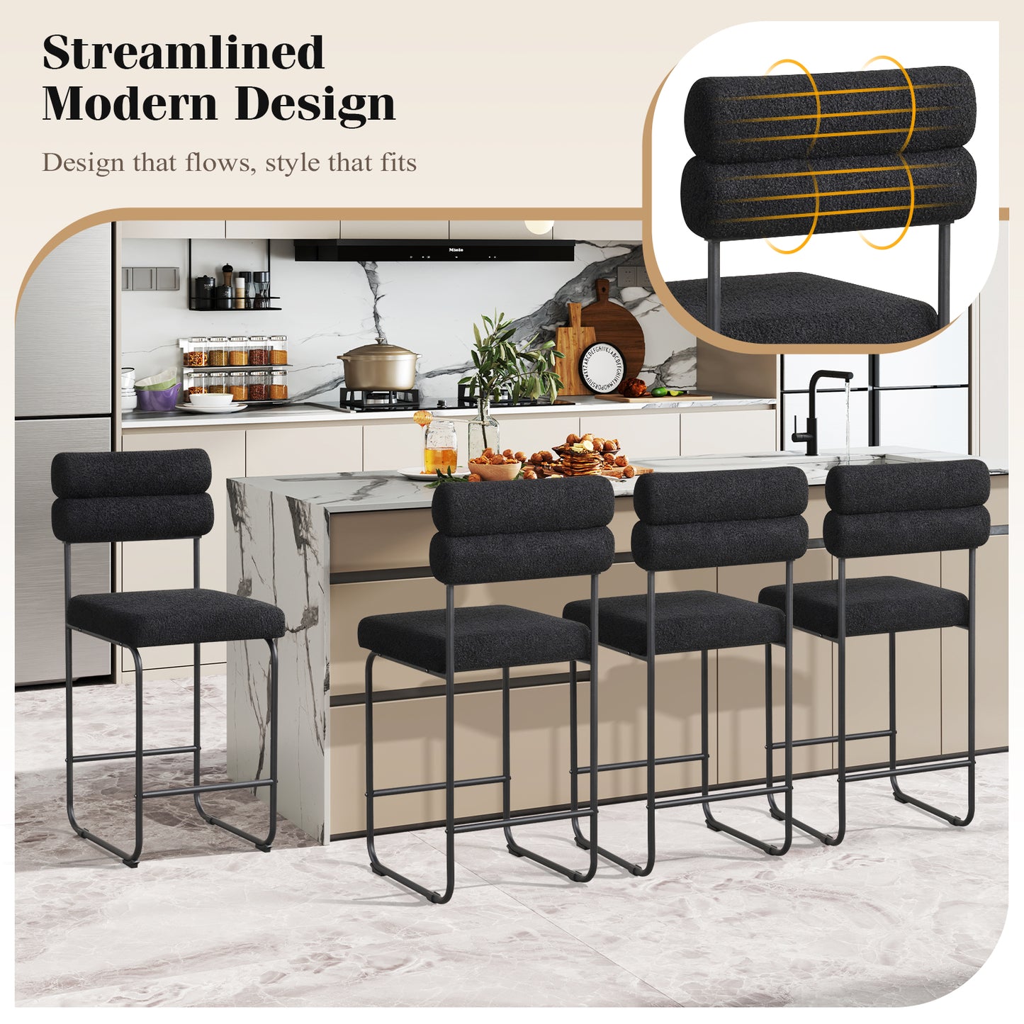 Counter Height Bar Stools Set of 2 with Metal Frame and Comfortable Footrest – 26 Inch, Black