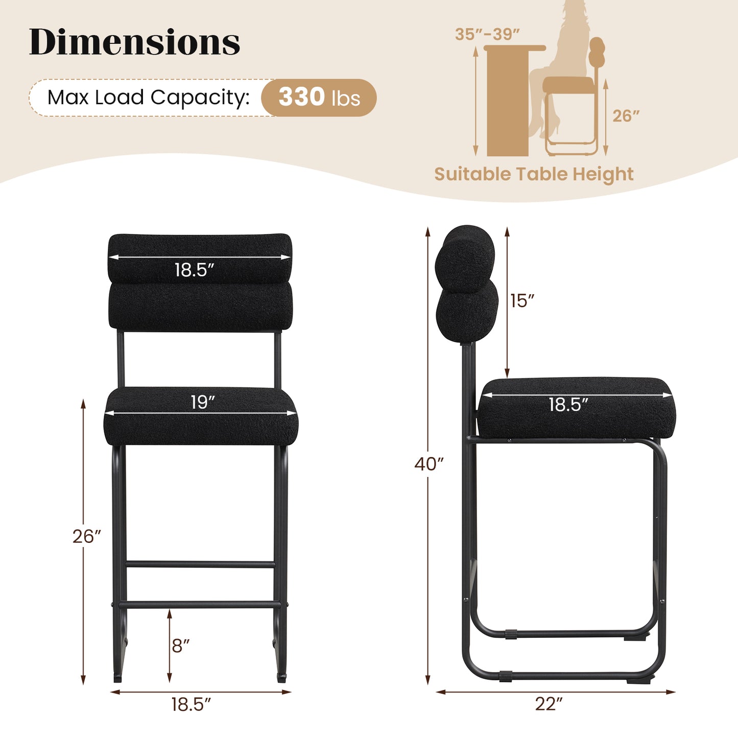 Counter Height Bar Stools Set of 2 with Metal Frame and Comfortable Footrest – 26 Inch, Black