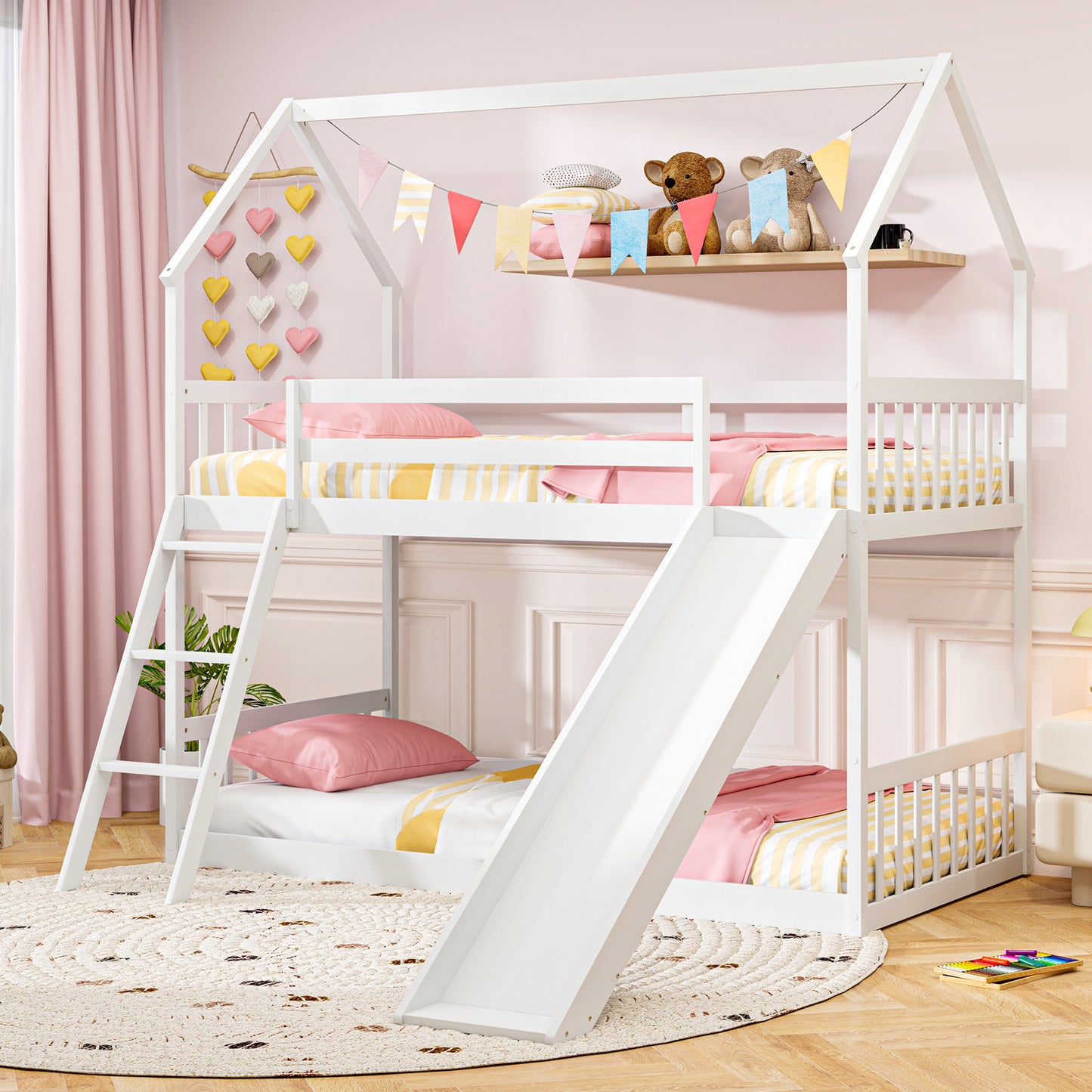 Playful Twin Over Twin House Bunk Bed with Fun Slide, Ladder, and Guardrails
