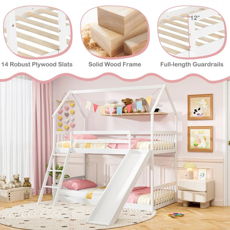 Playful Twin Over Twin House Bunk Bed with Fun Slide, Ladder, and Guardrails