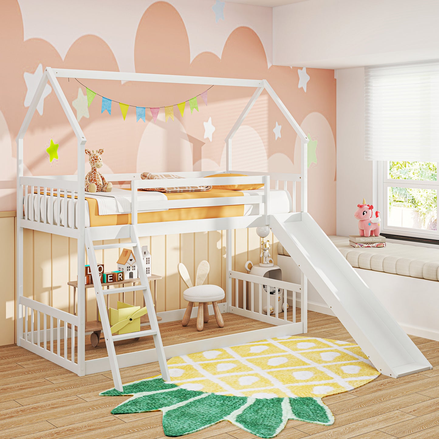 Playful Twin Over Twin House Bunk Bed with Fun Slide, Ladder, and Guardrails