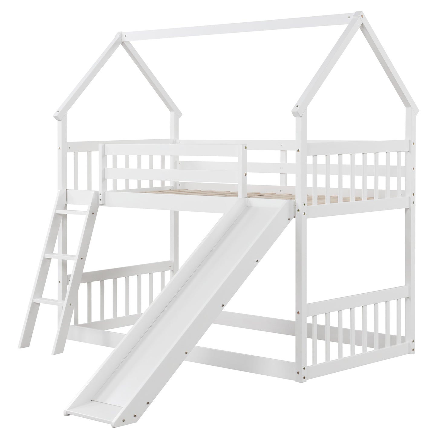 Playful Twin Over Twin House Bunk Bed with Fun Slide, Ladder, and Guardrails