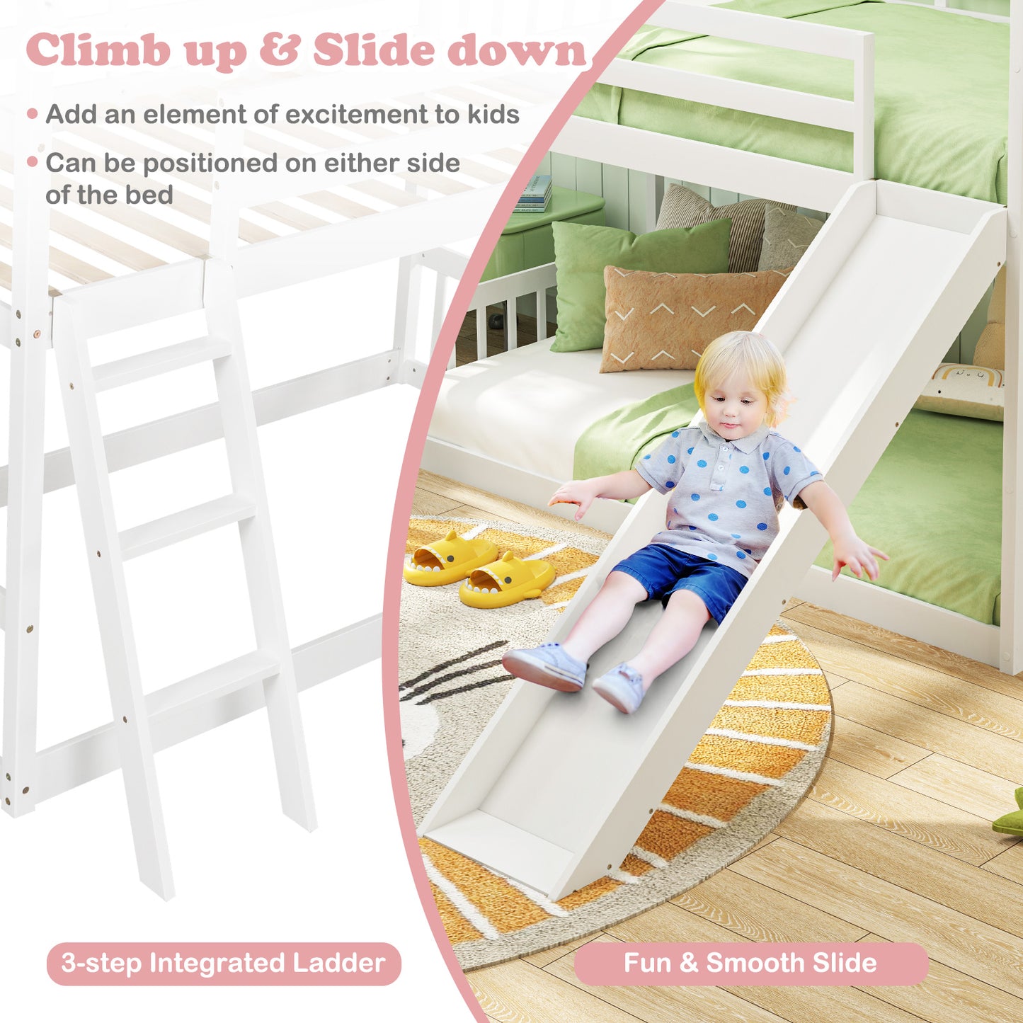 Playful Twin Over Twin House Bunk Bed with Fun Slide, Ladder, and Guardrails