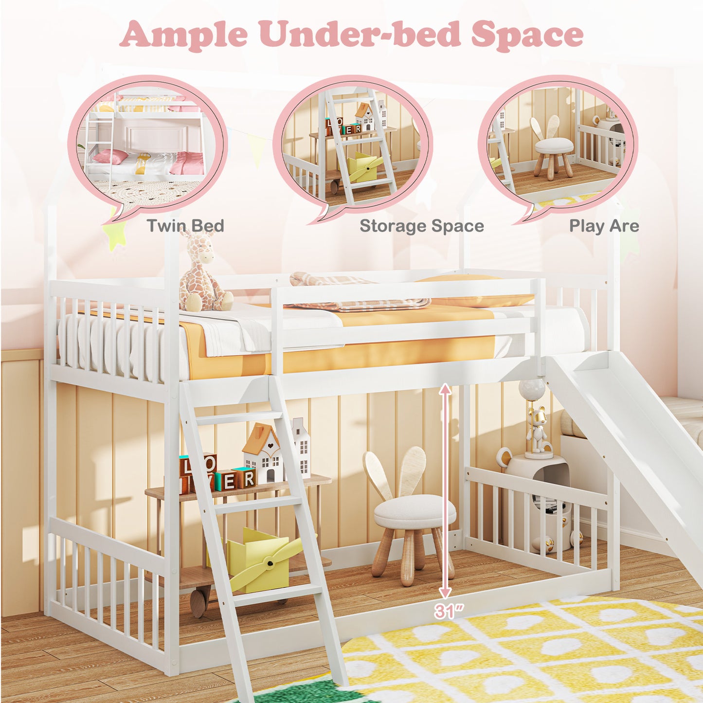 Playful Twin Over Twin House Bunk Bed with Fun Slide, Ladder, and Guardrails