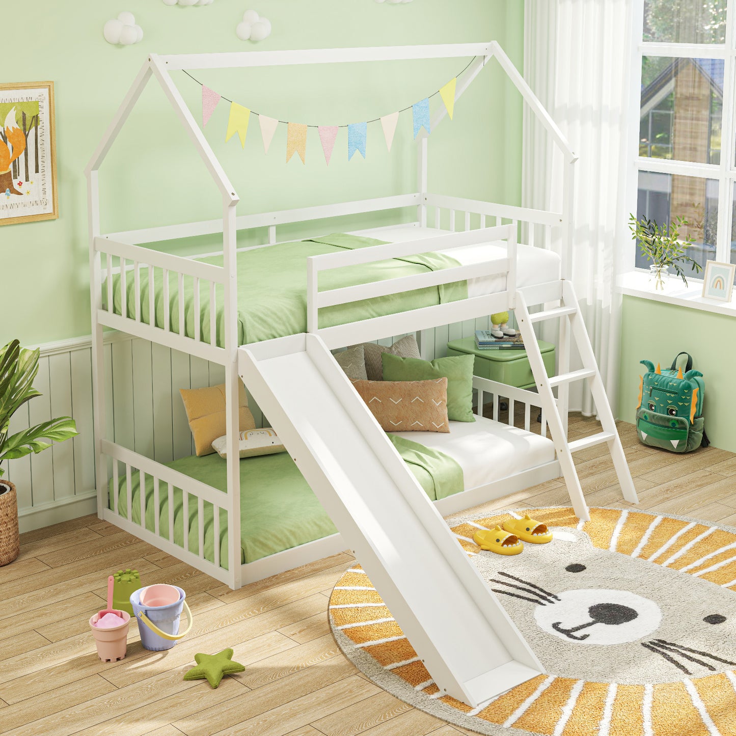 Playful Twin Over Twin House Bunk Bed with Fun Slide, Ladder, and Guardrails
