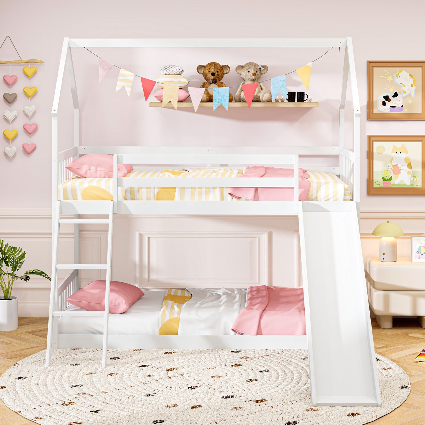 Playful Twin Over Twin House Bunk Bed with Fun Slide, Ladder, and Guardrails