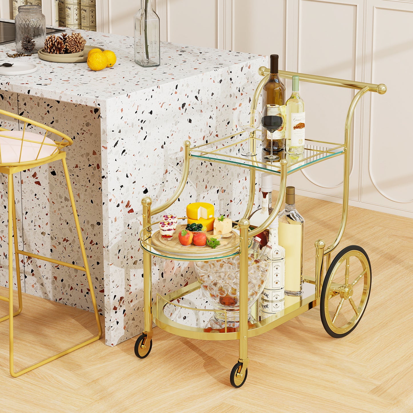 Elegant Bar Cart with Mirrored Glass Shelves Three Tier Rolling Serving Cart - Golden