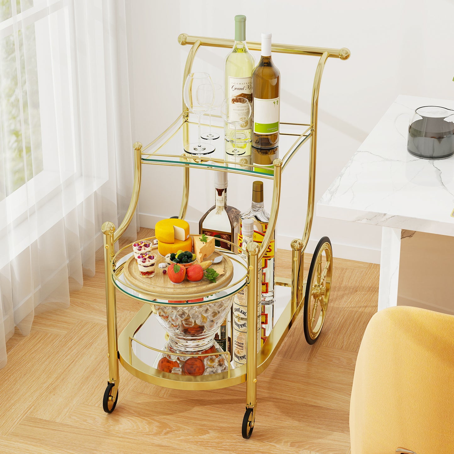 Elegant Bar Cart with Mirrored Glass Shelves Three Tier Rolling Serving Cart - Golden