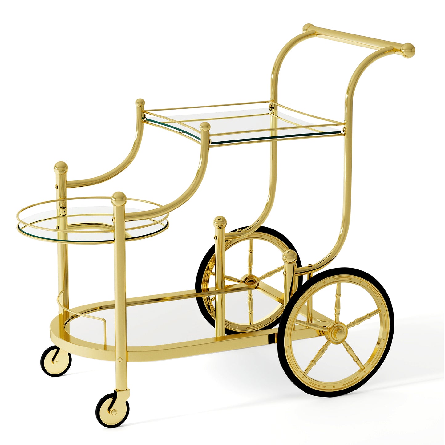Elegant Bar Cart with Mirrored Glass Shelves Three Tier Rolling Serving Cart - Golden