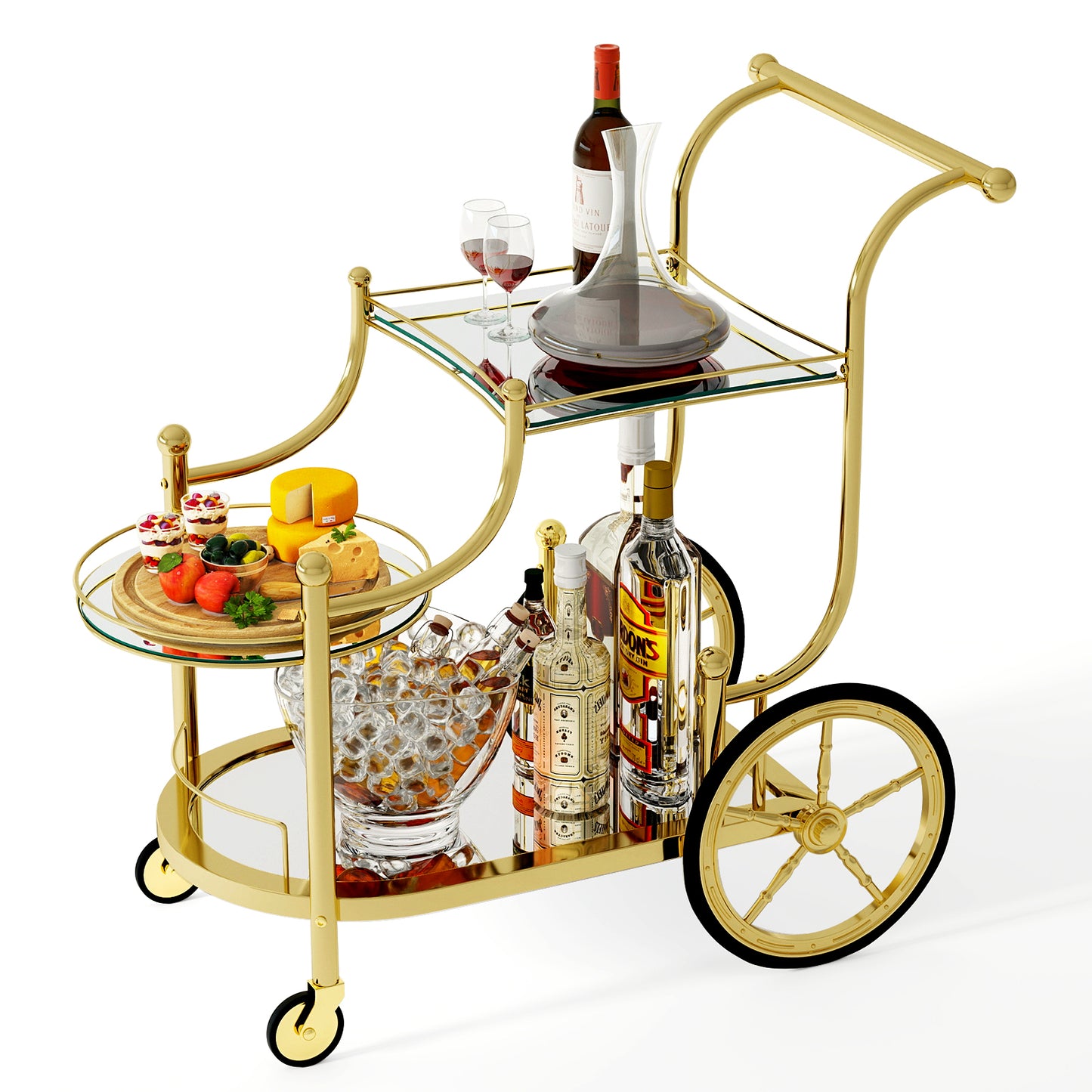 Elegant Bar Cart with Mirrored Glass Shelves Three Tier Rolling Serving Cart - Golden