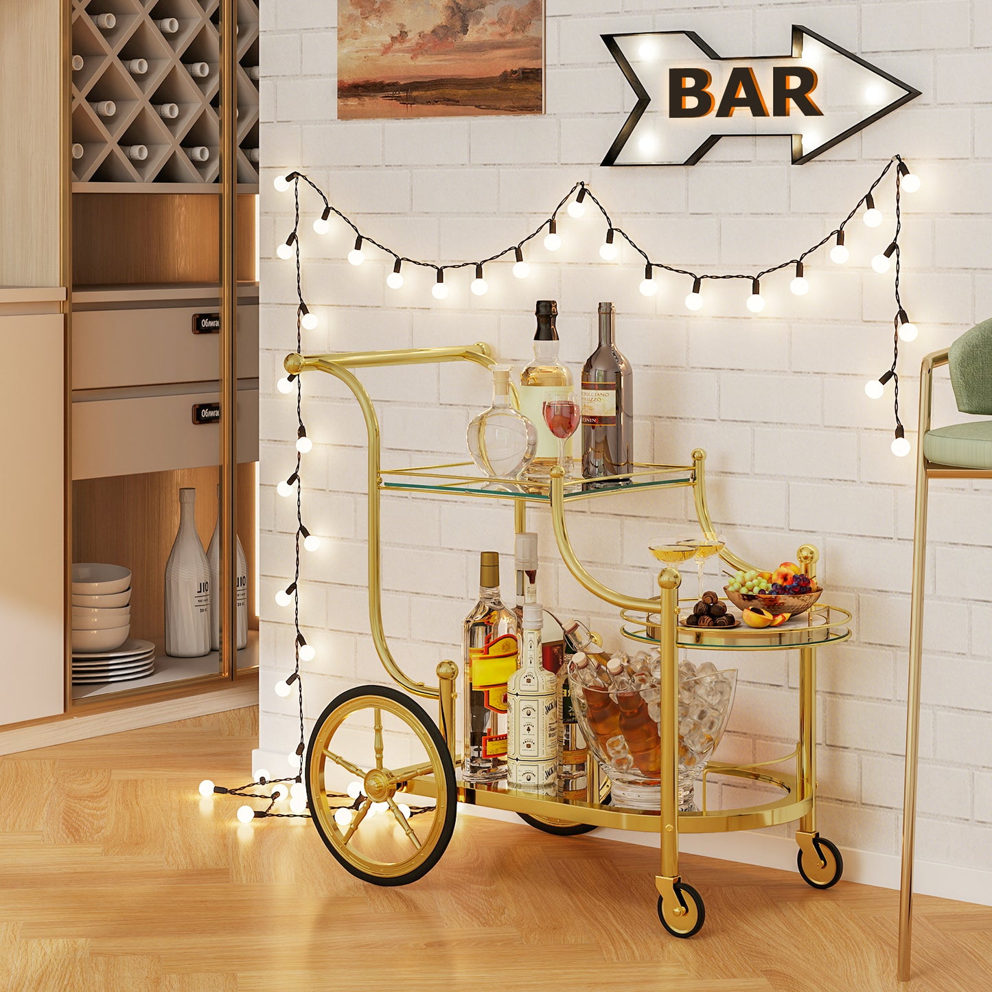 Elegant Bar Cart with Mirrored Glass Shelves Three Tier Rolling Serving Cart - Golden