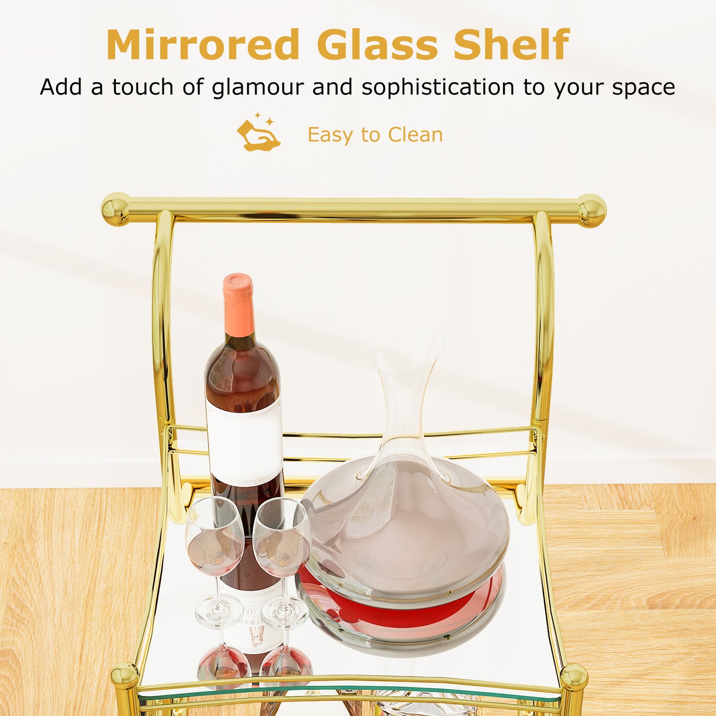 Elegant Bar Cart with Mirrored Glass Shelves Three Tier Rolling Serving Cart - Golden