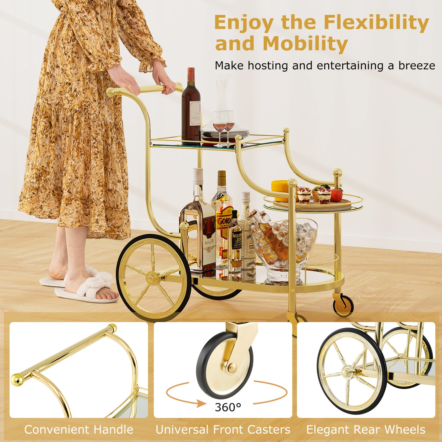 Elegant Bar Cart with Mirrored Glass Shelves Three Tier Rolling Serving Cart - Golden