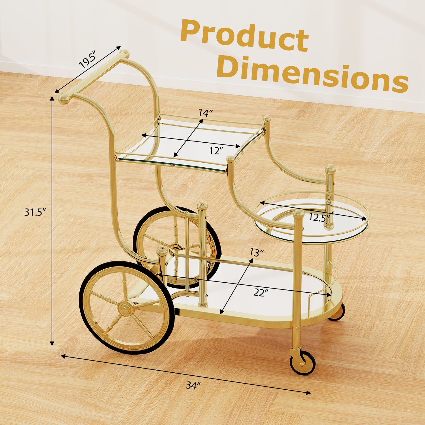 Elegant Bar Cart with Mirrored Glass Shelves Three Tier Rolling Serving Cart - Golden