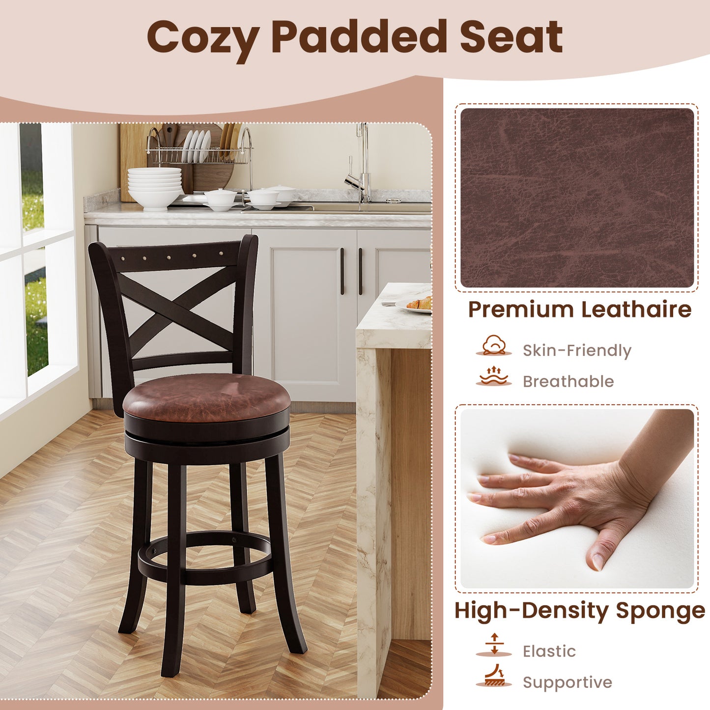 Modern Bar Stools Set of 2 with Padded Seats and 360° Swivel Counter Height Chairs - 26 Inch