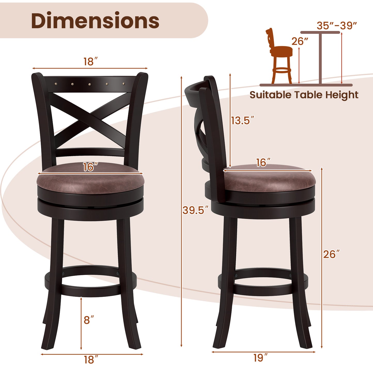 Modern Bar Stools Set of 2 with Padded Seats and 360° Swivel Counter Height Chairs - 26 Inch