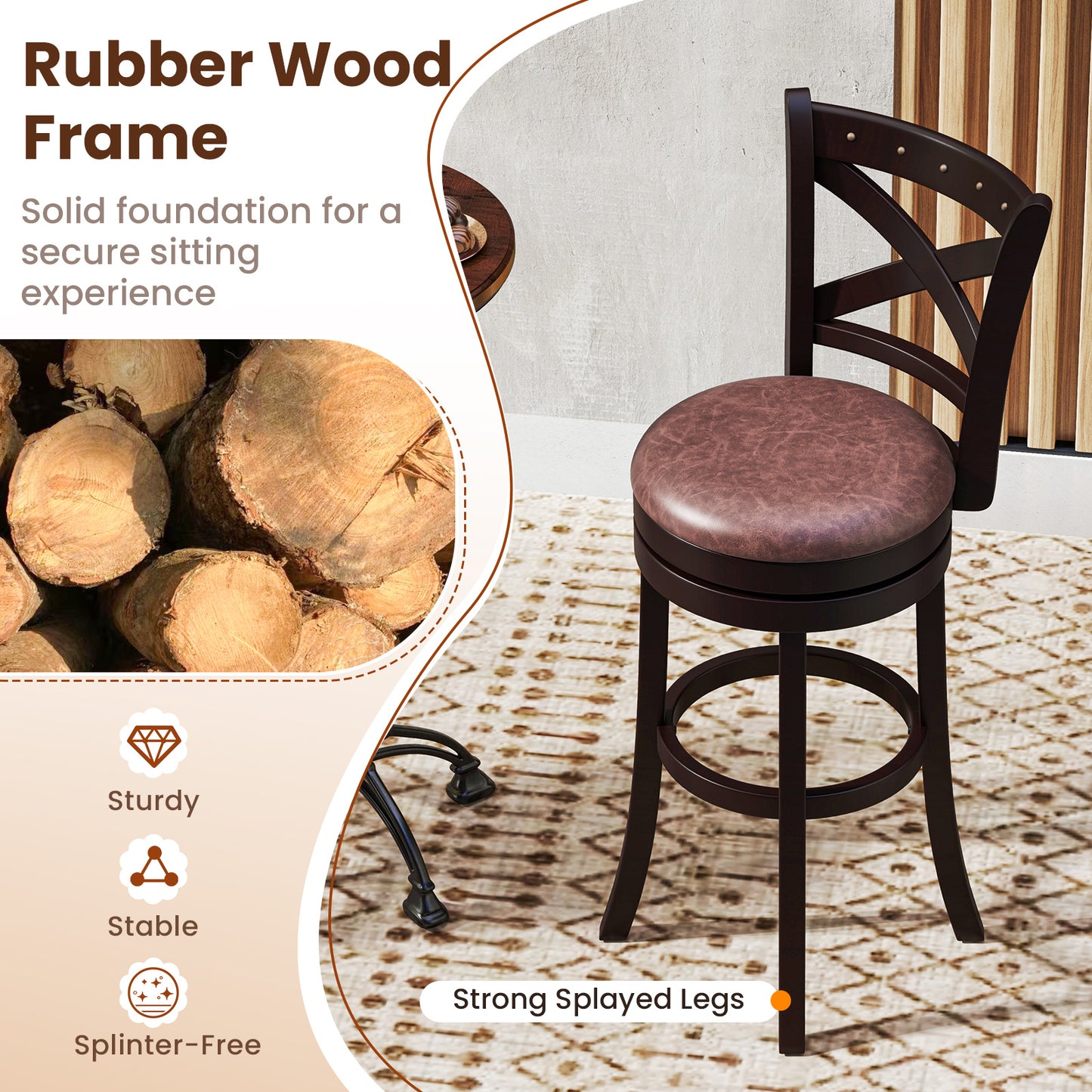 Modern Bar Stools Set of 2 with Padded Seats and 360° Swivel Counter Height Chairs - 30 Inch