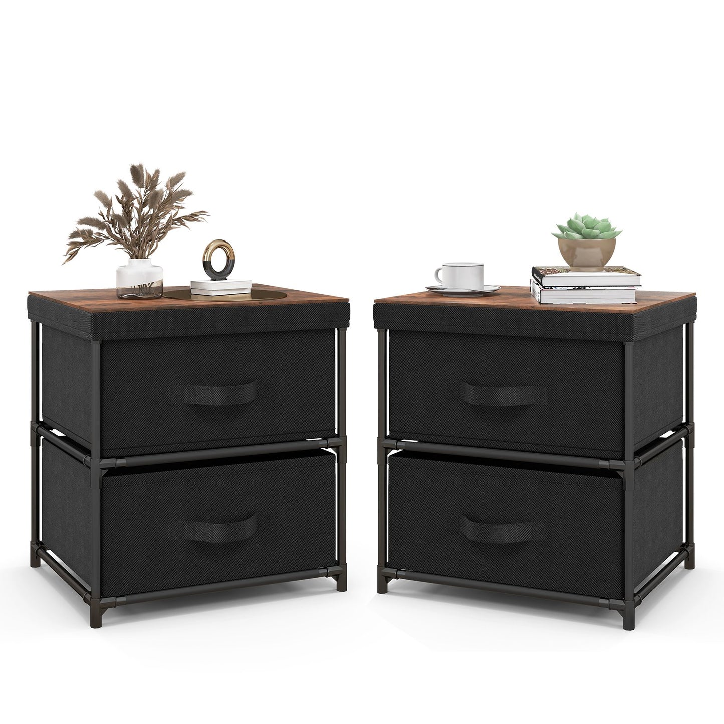 Set of 2 Nightstands with Removable Fabric Drawers and Pull Handles, Compact Storage Tables