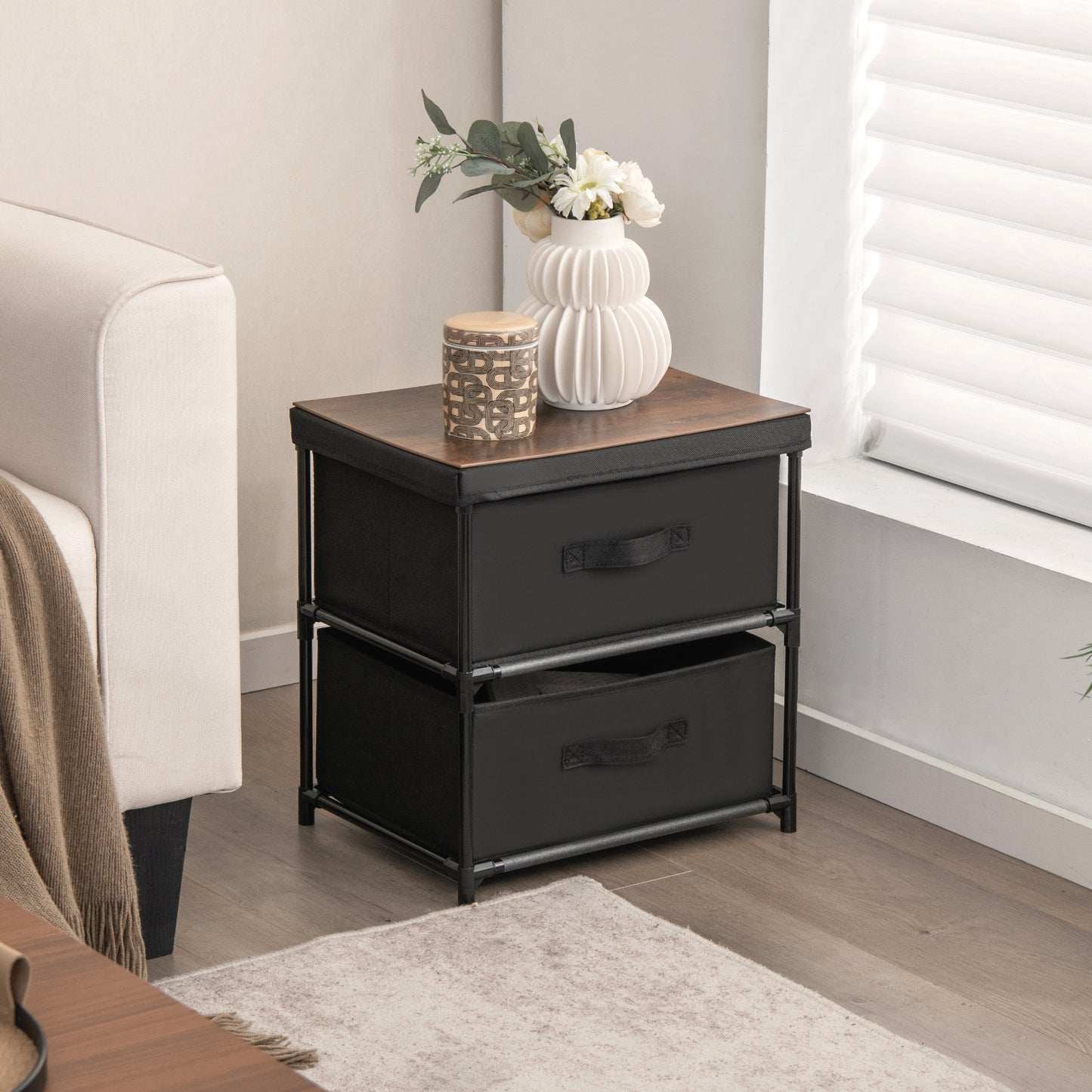 Set of 2 Nightstands with Removable Fabric Drawers and Pull Handles, Compact Storage Tables