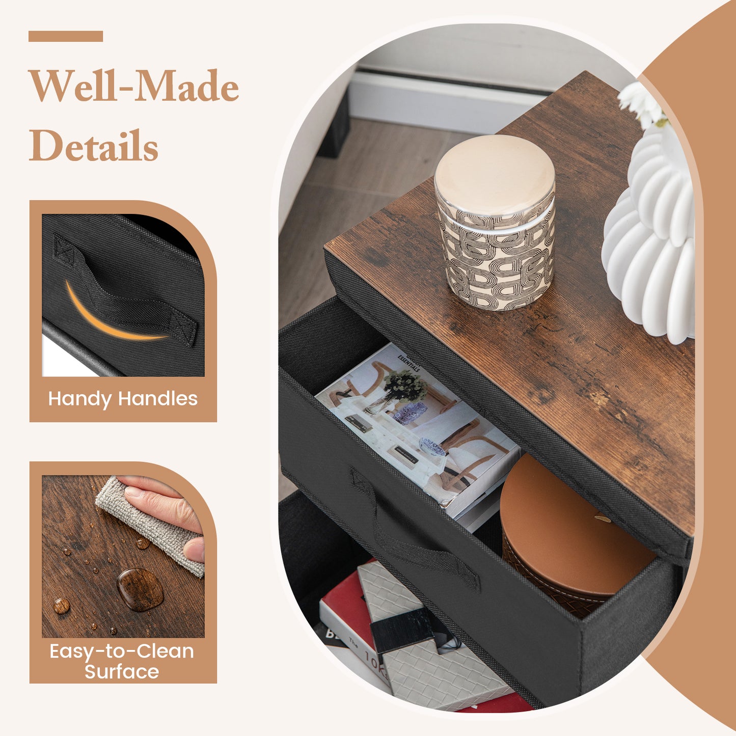 Set of 2 Nightstands with Removable Fabric Drawers and Pull Handles, Compact Storage Tables