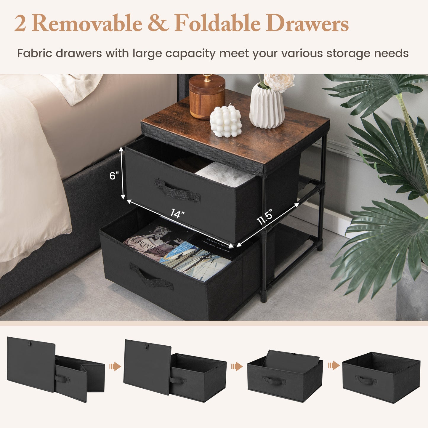 Set of 2 Nightstands with Removable Fabric Drawers and Pull Handles, Compact Storage Tables