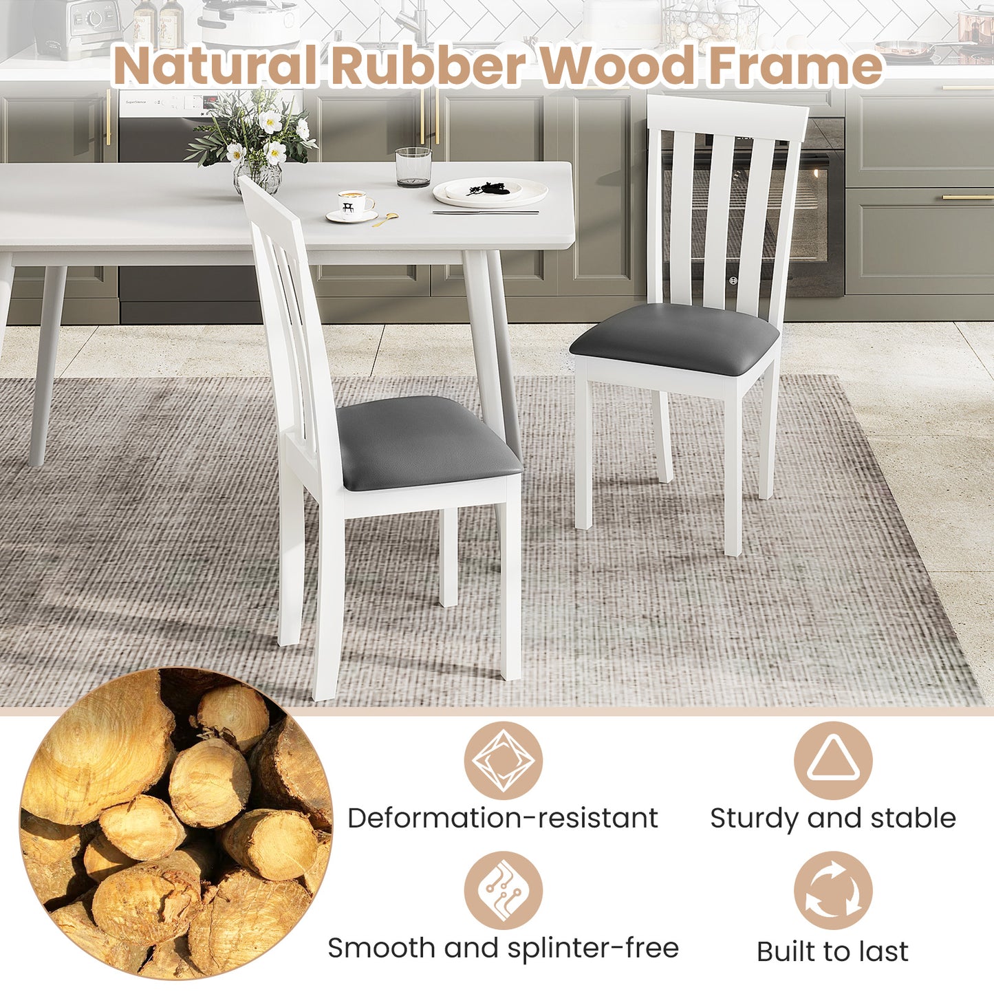 Set of 2 Wooden Dining Chairs with Upholstered Padded Seat and Rubber Wood Frame – White