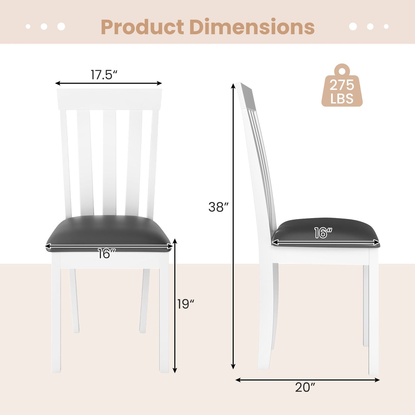 Set of 2 Wooden Dining Chairs with Upholstered Padded Seat and Rubber Wood Frame – White