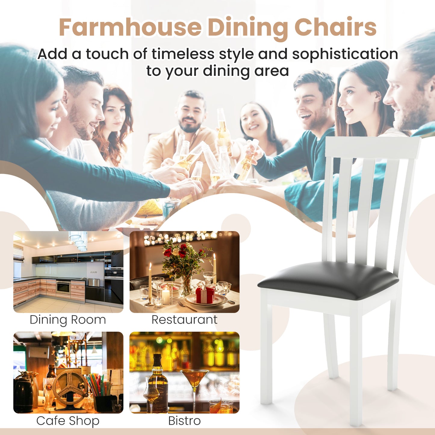 Set of 2 Wooden Dining Chairs with Upholstered Padded Seat and Rubber Wood Frame – White