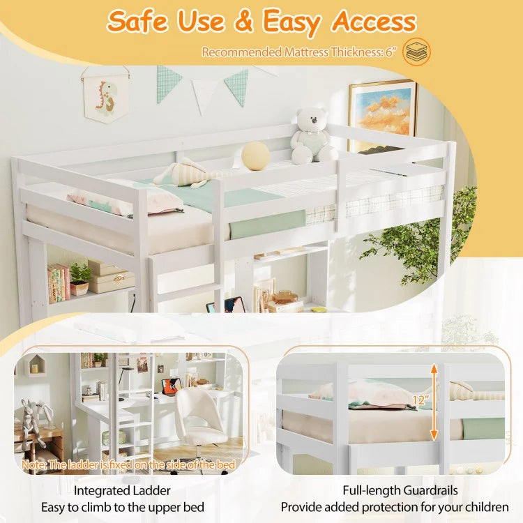 Space-Saving Twin Loft Bed with LED Light, Built-In Desk, and Charging Station – No Box Spring Required