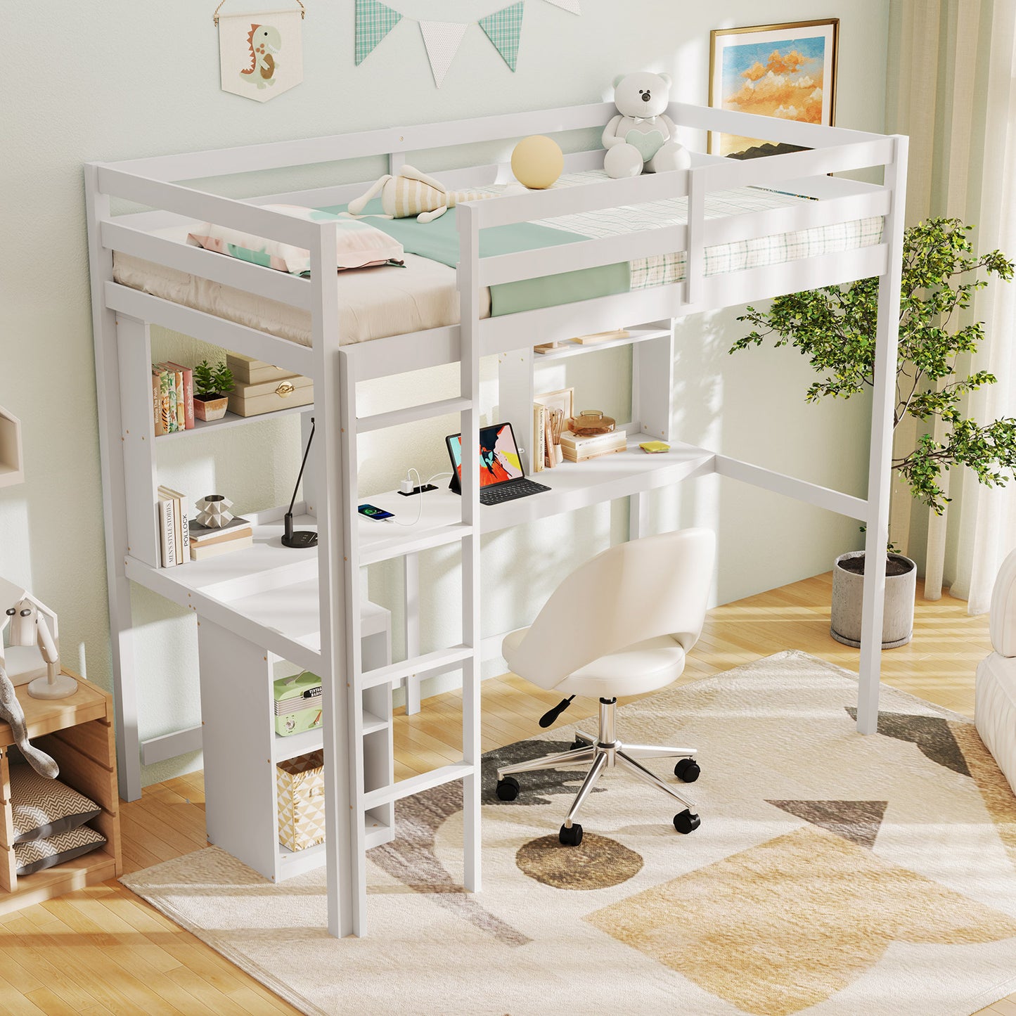 Space-Saving Twin Loft Bed with LED Light, Built-In Desk, and Charging Station – No Box Spring Required