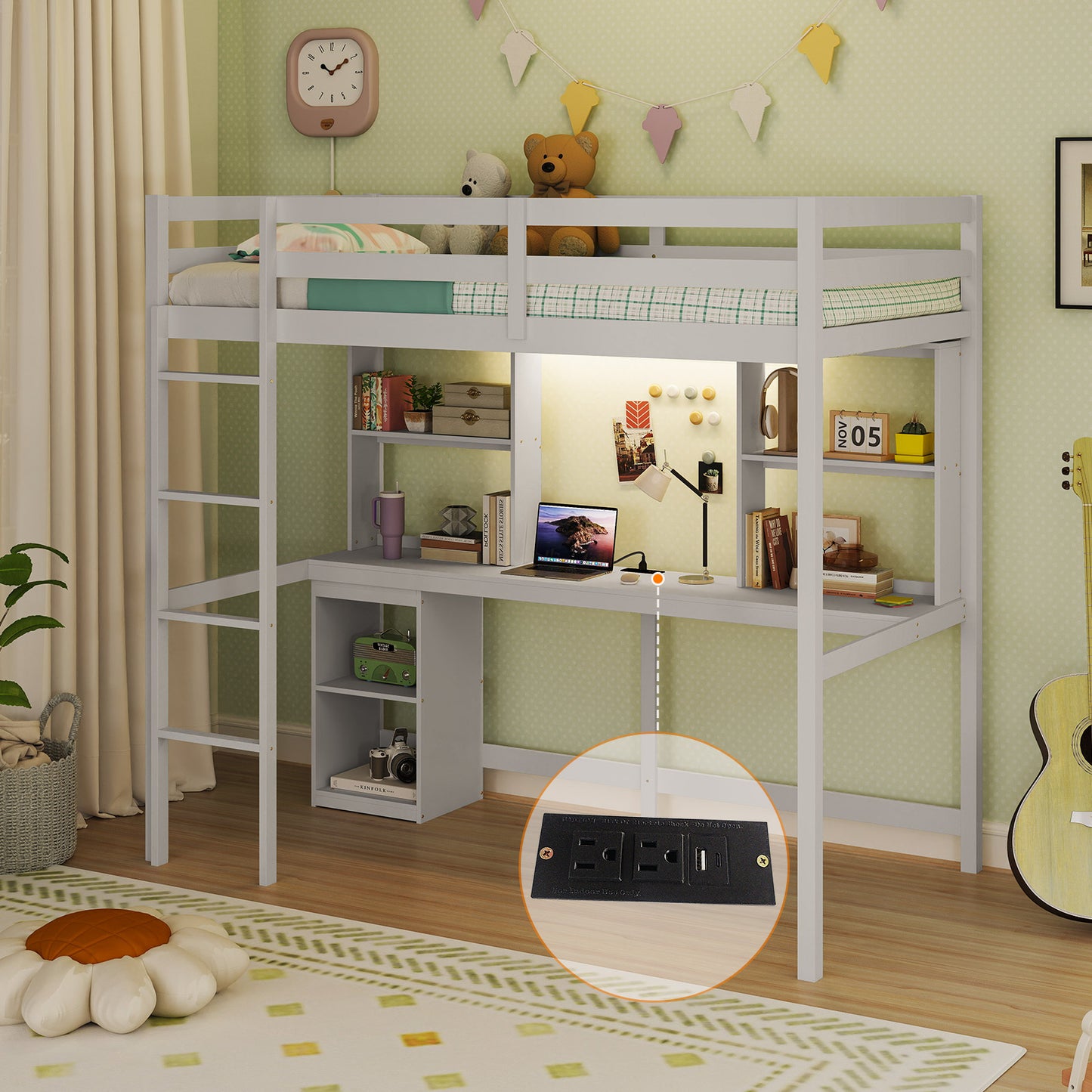 Space-Saving Twin Loft Bed with LED Light, Built-In Desk, and Charging Station – No Box Spring Required