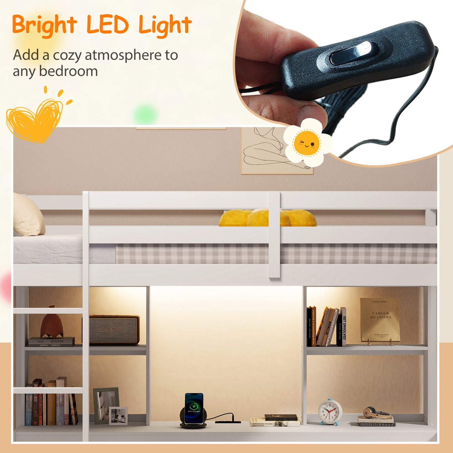 Space-Saving Twin Loft Bed with LED Light, Built-In Desk, and Charging Station – No Box Spring Required