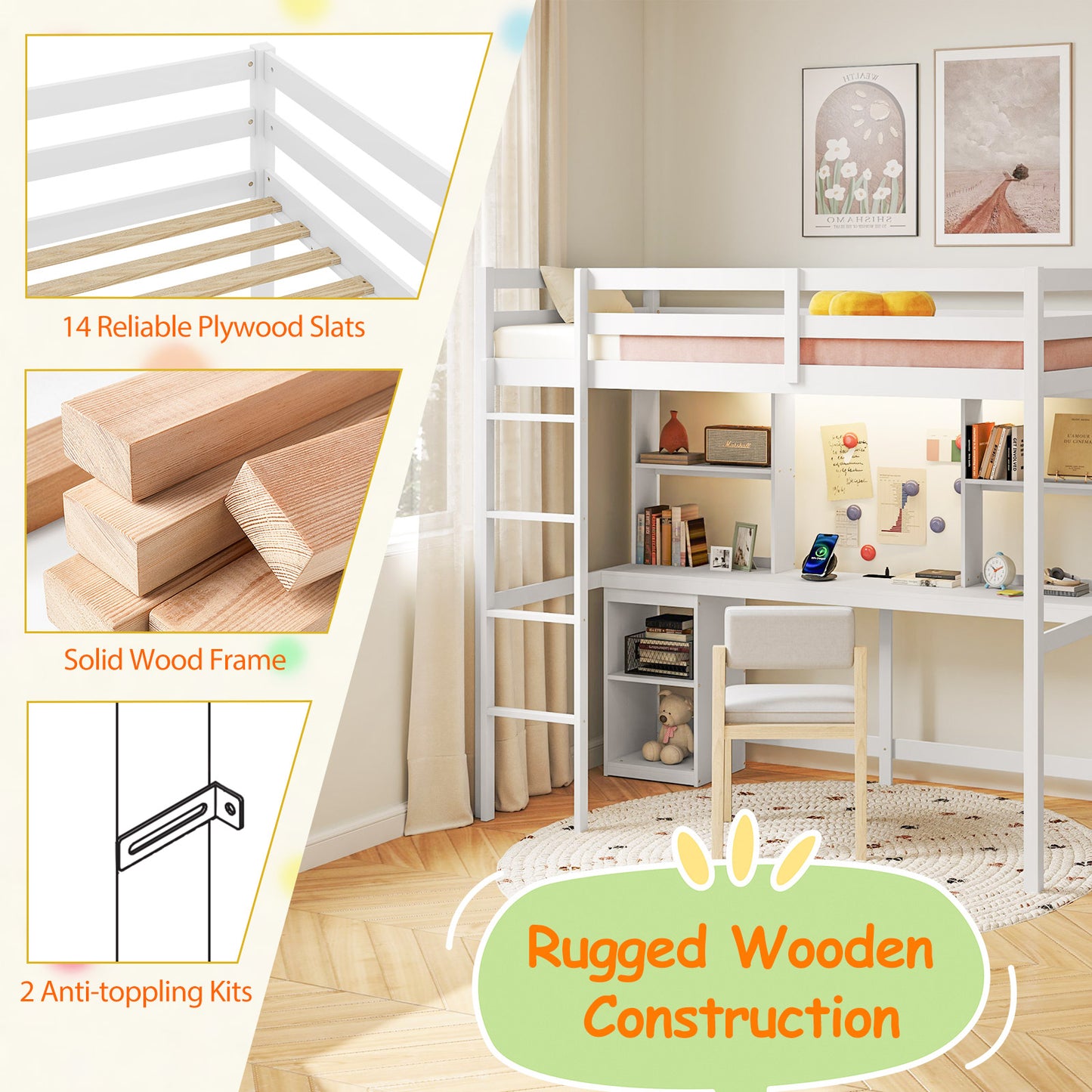 Space-Saving Twin Loft Bed with LED Light, Built-In Desk, and Charging Station – No Box Spring Required
