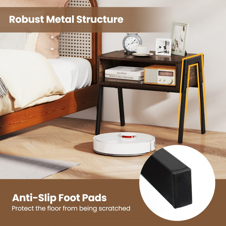 Set of 2 Stackable Wooden Nightstands with Open Storage and Steel Frame