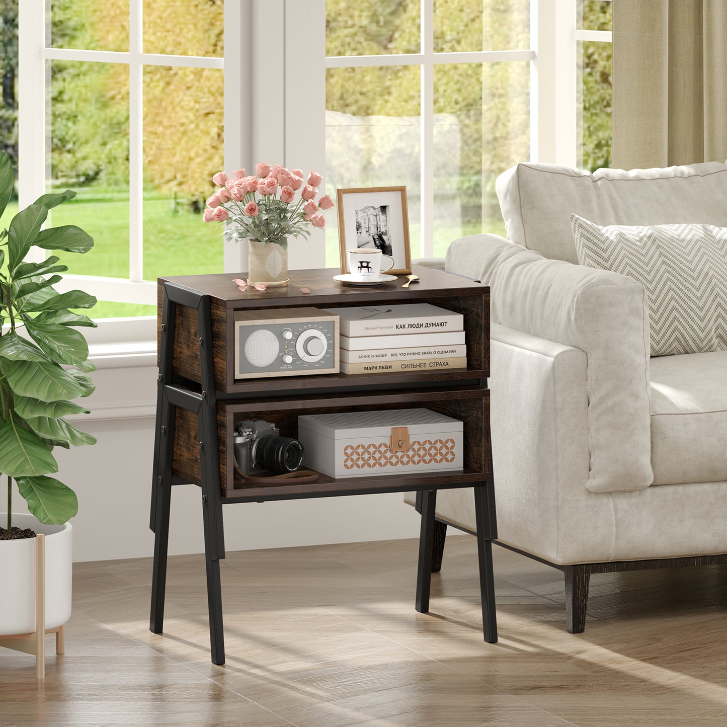 Set of 2 Stackable Wooden Nightstands with Open Storage and Steel Frame