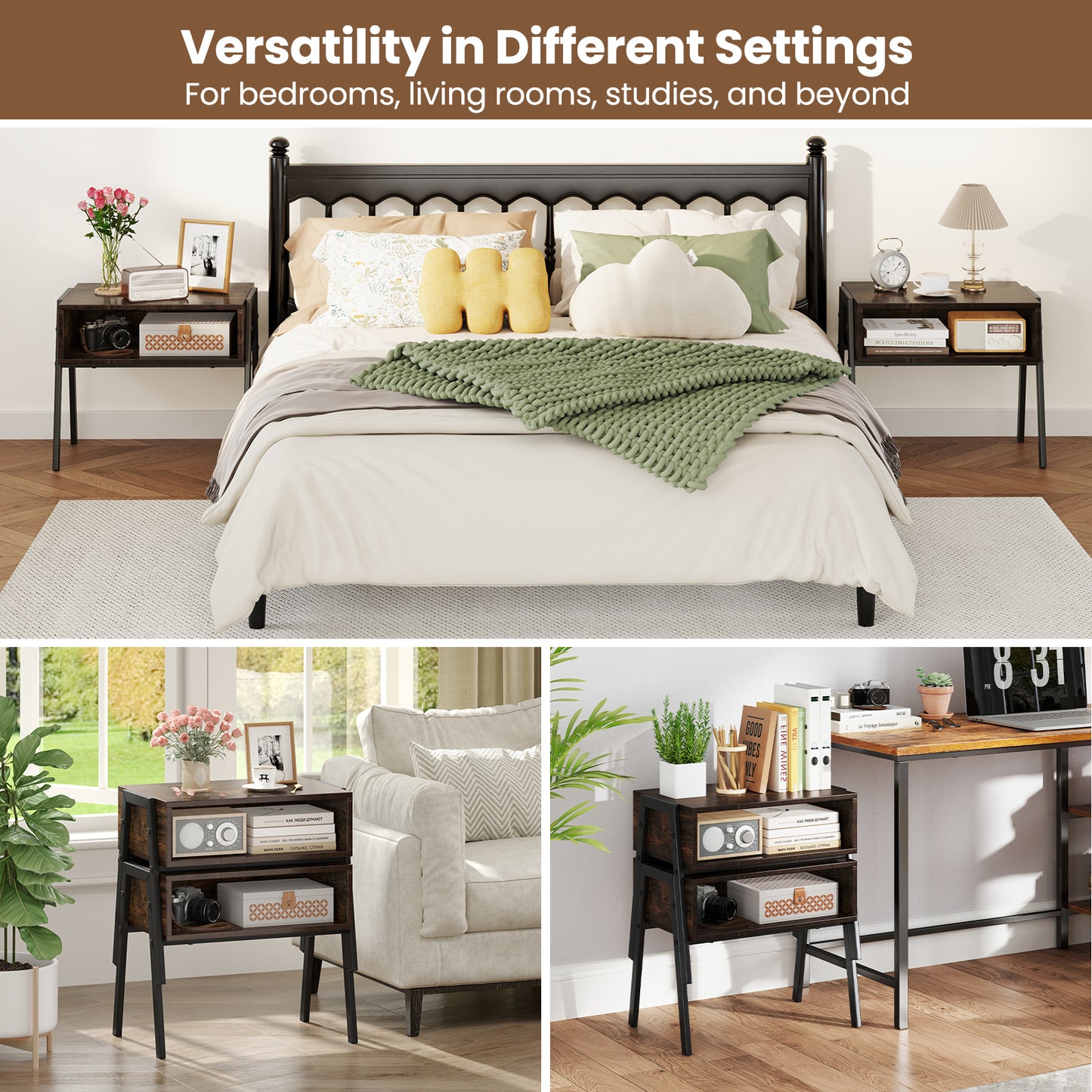 Set of 2 Stackable Wooden Nightstands with Open Storage and Steel Frame