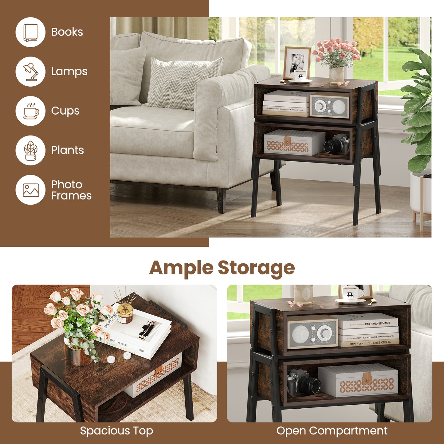 Set of 2 Stackable Wooden Nightstands with Open Storage and Steel Frame