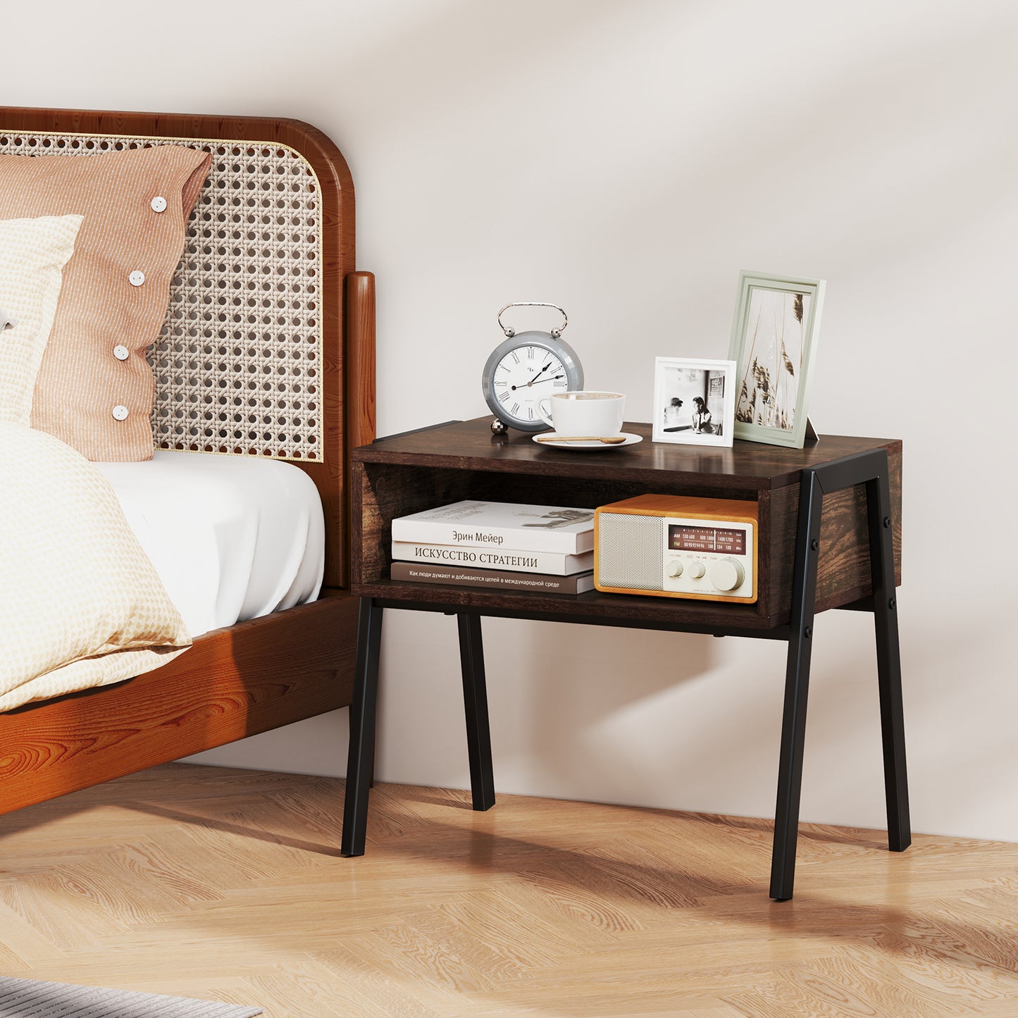 Set of 2 Stackable Wooden Nightstands with Open Storage and Steel Frame