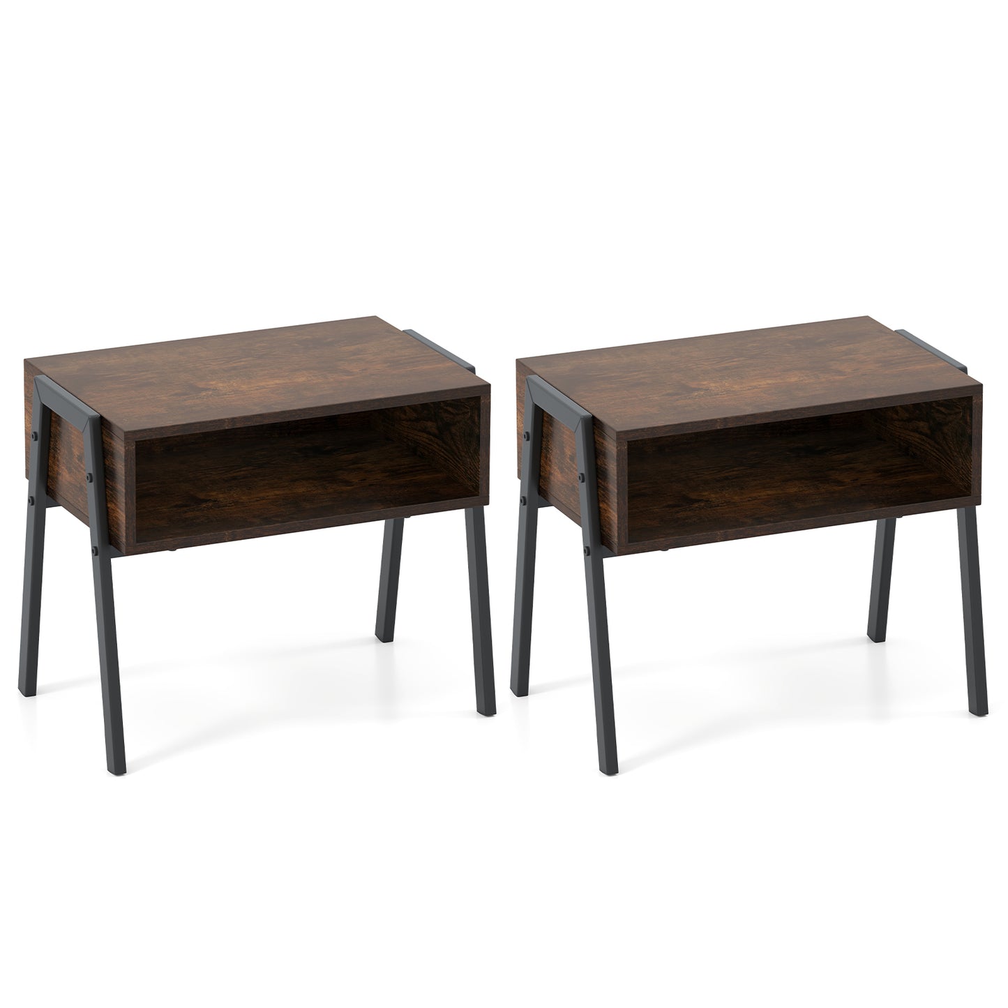 Set of 2 Stackable Wooden Nightstands with Open Storage and Steel Frame