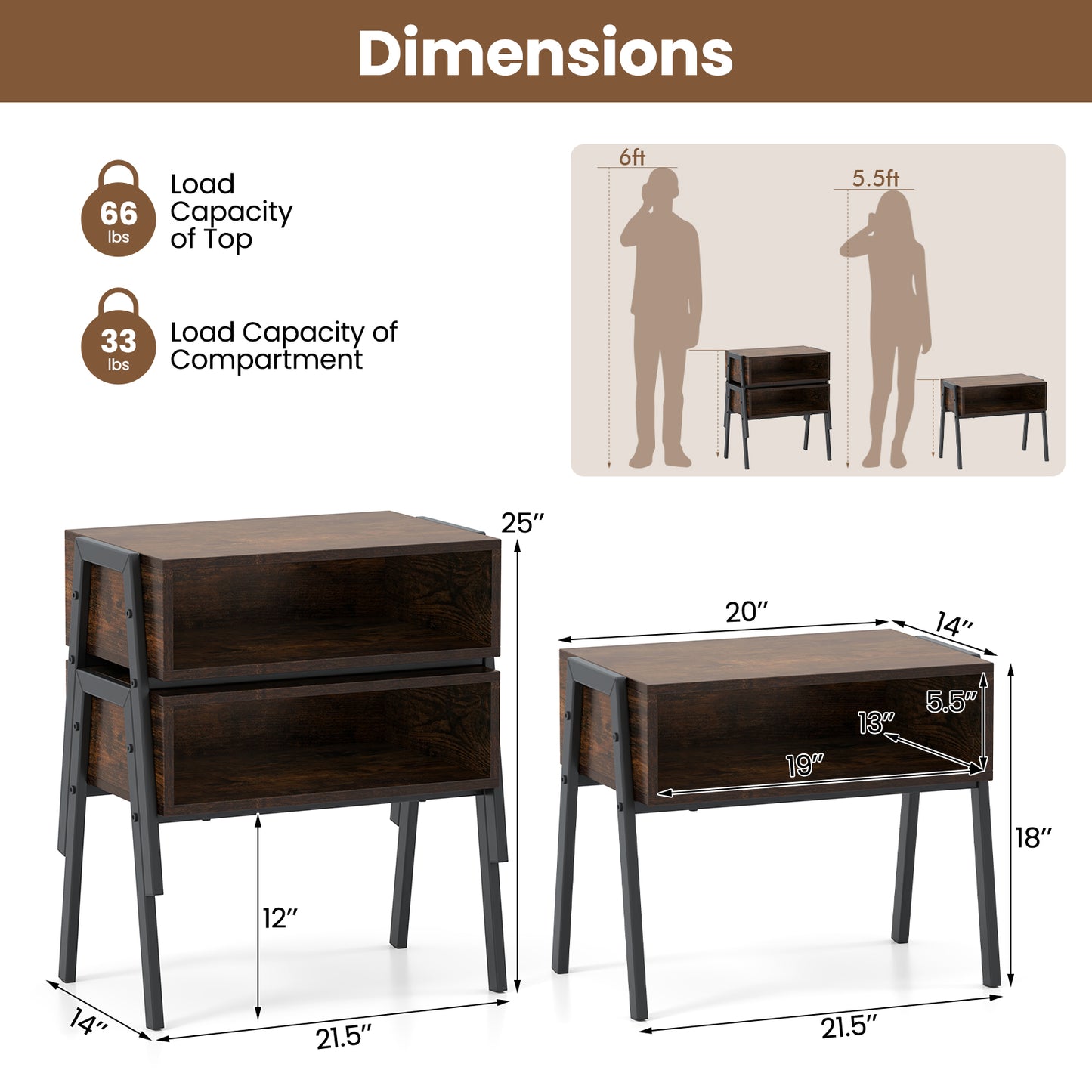 Set of 2 Stackable Wooden Nightstands with Open Storage and Steel Frame