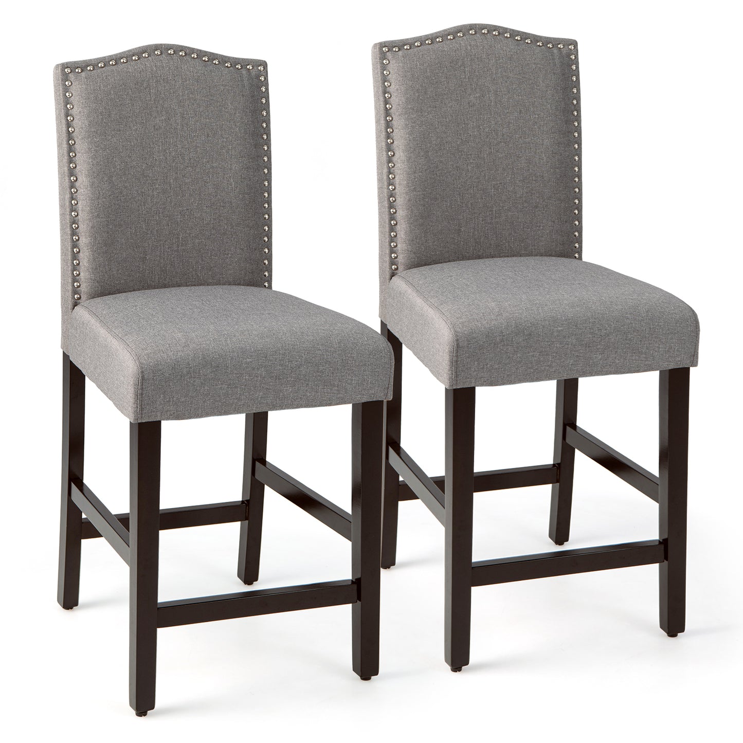 Set of 2 Upholstered Fabric Counter Height Dining Chairs with Nailhead Trim in Grey