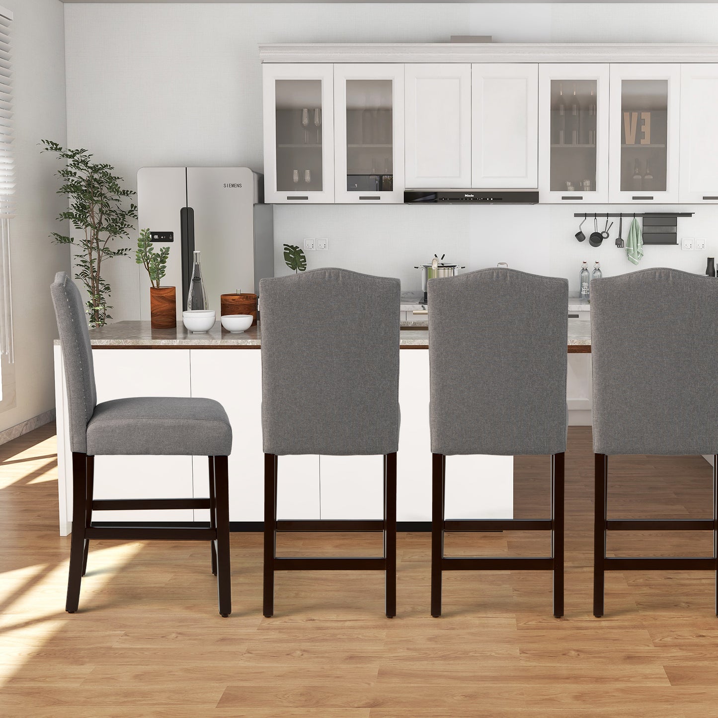 Set of 2 Upholstered Fabric Counter Height Dining Chairs with Nailhead Trim in Grey