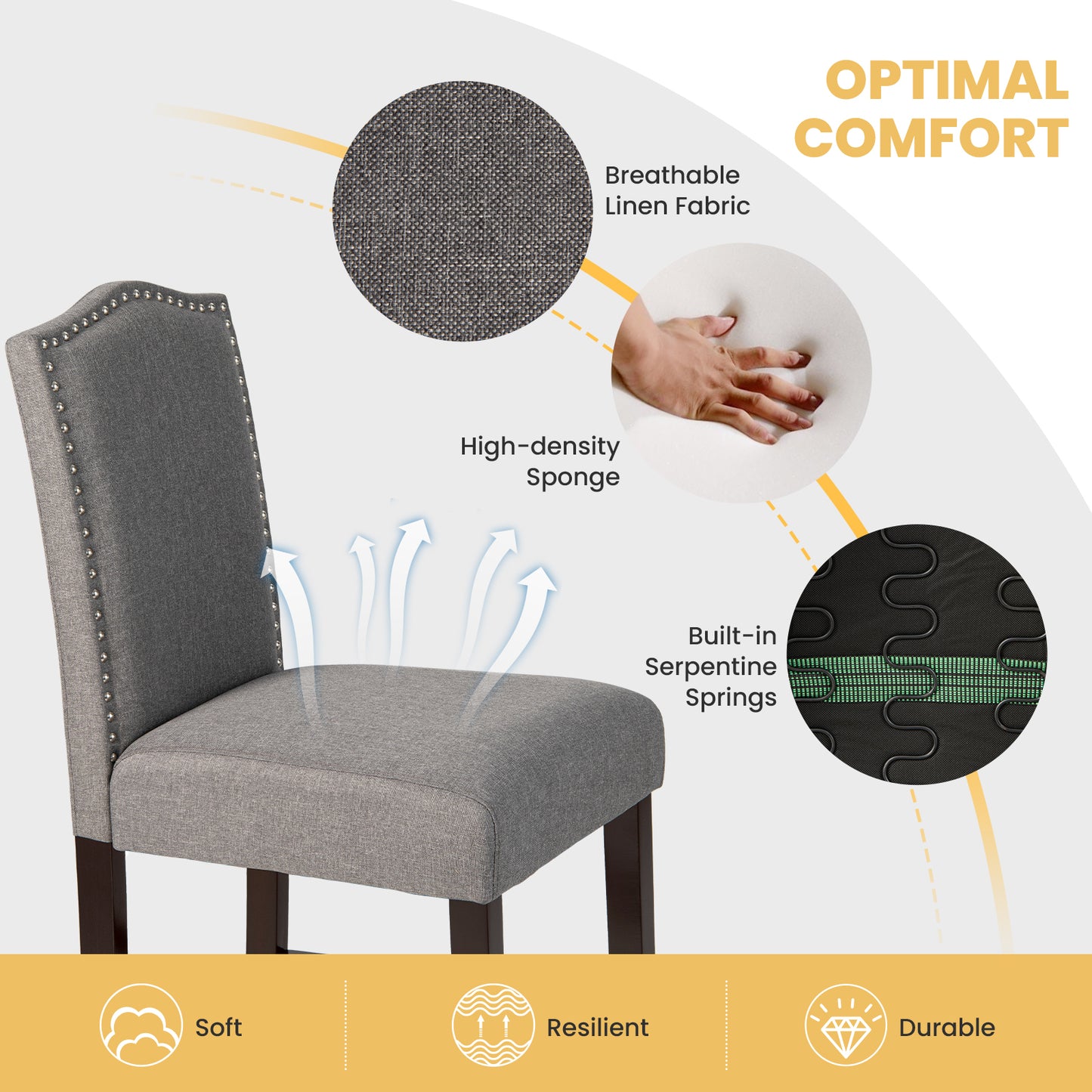 Set of 2 Upholstered Fabric Counter Height Dining Chairs with Nailhead Trim in Grey