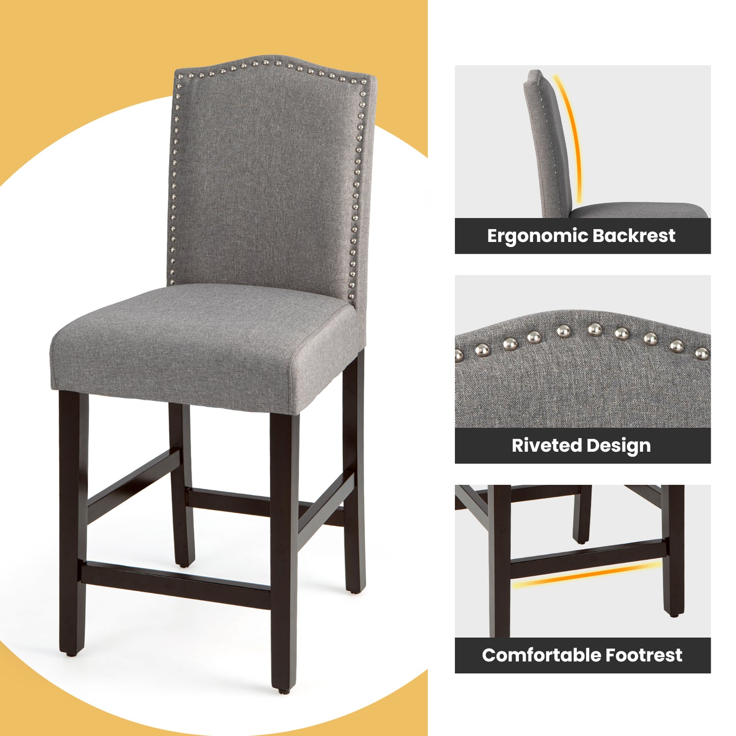 Set of 2 Upholstered Fabric Counter Height Dining Chairs with Nailhead Trim in Grey