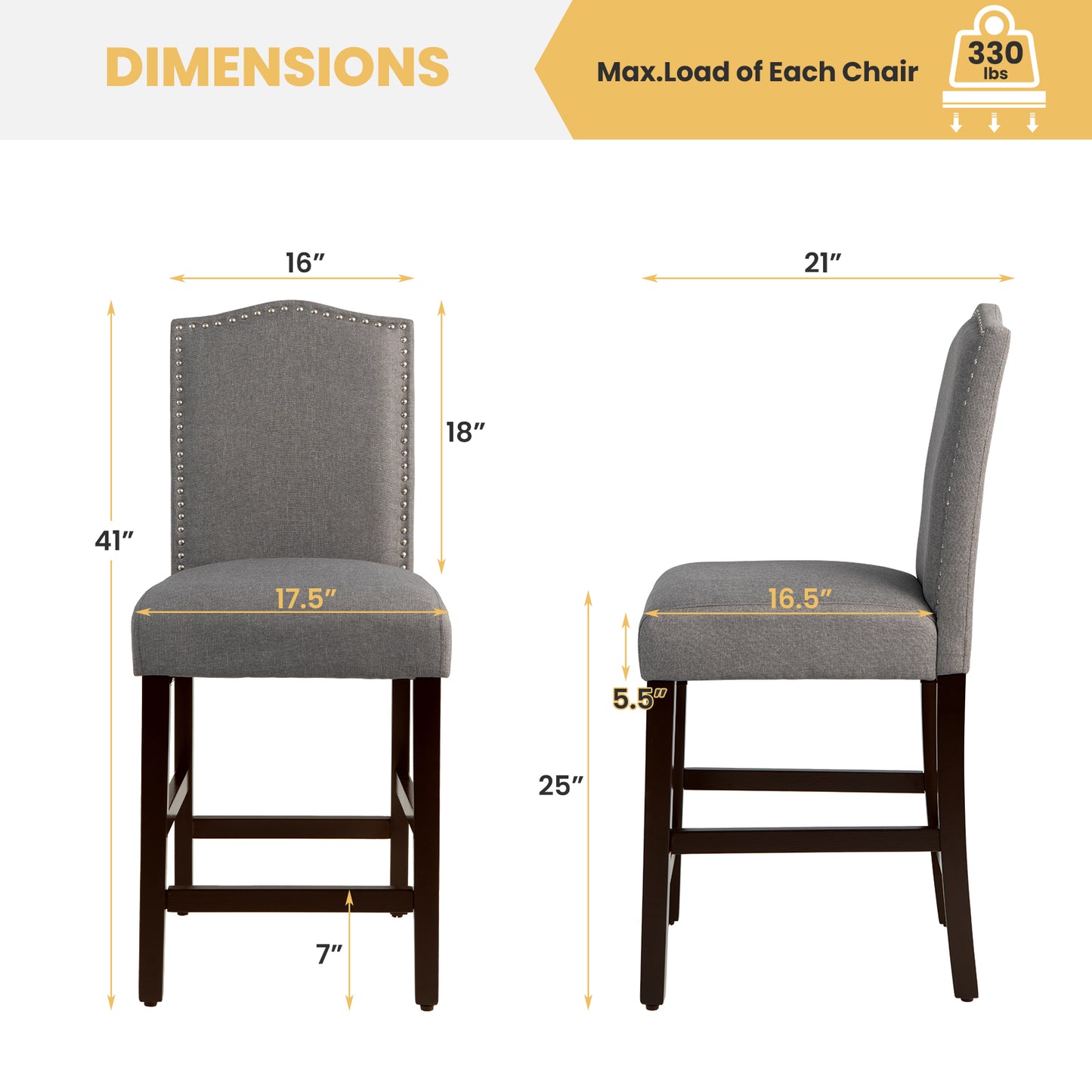 Set of 2 Upholstered Fabric Counter Height Dining Chairs with Nailhead Trim in Grey