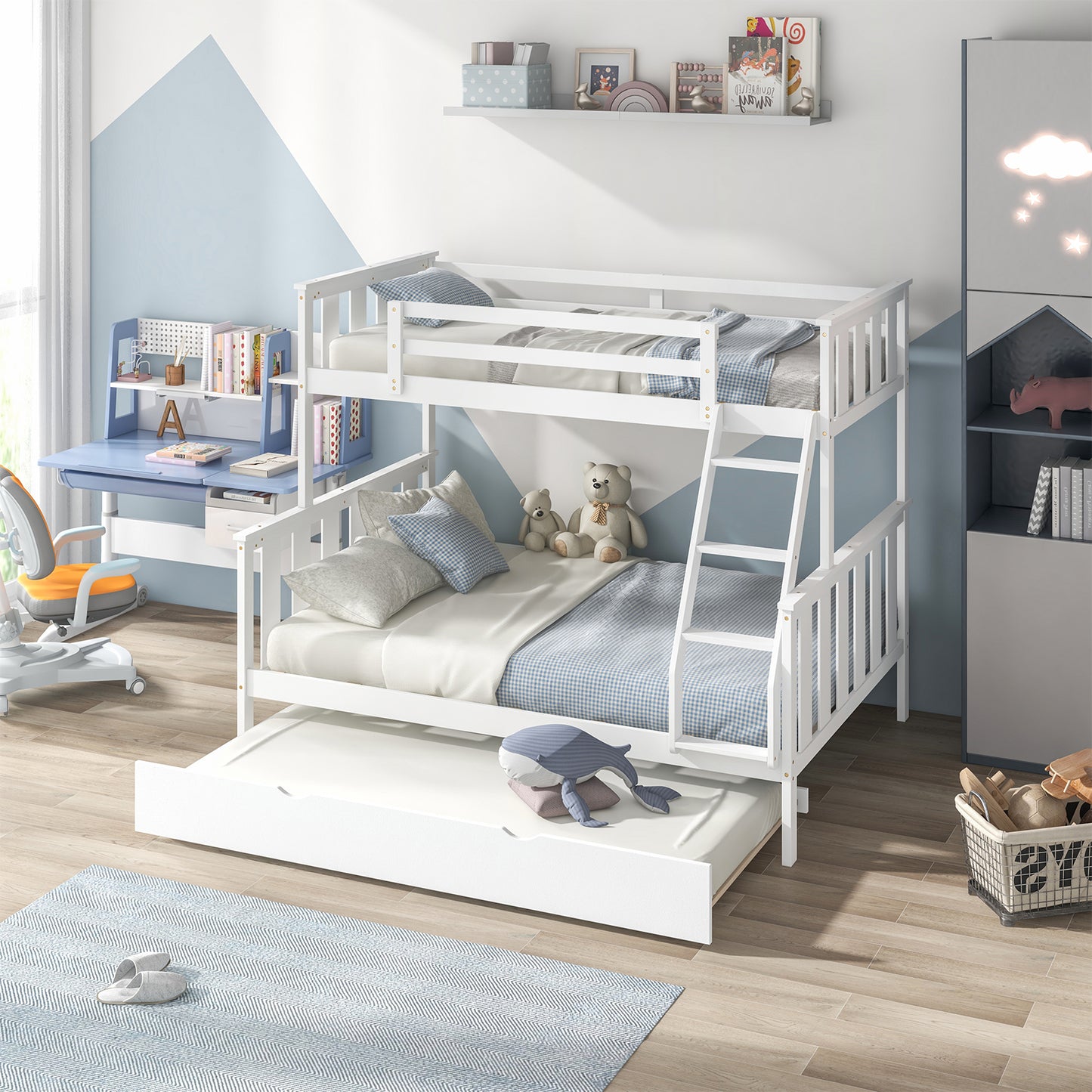 Modern Twin Over Full Bunk Bed with Trundle, Reversible Ladder, White Wood Finish