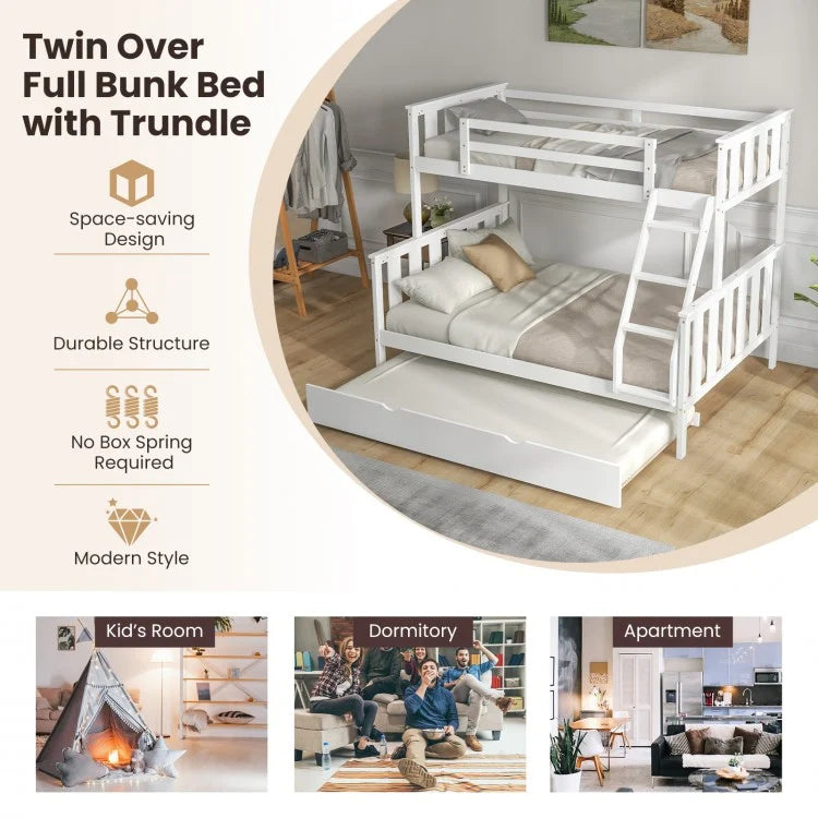 Modern Twin Over Full Bunk Bed with Trundle, Reversible Ladder, White Wood Finish