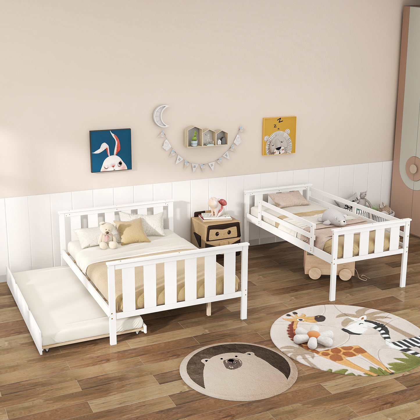 Modern Twin Over Full Bunk Bed with Trundle, Reversible Ladder, White Wood Finish